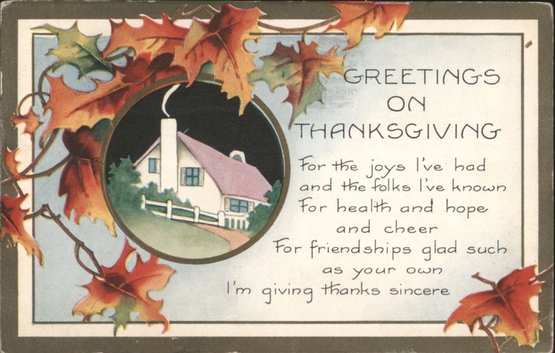 Greetings on Thanksgiving with Autumn Leaves and House