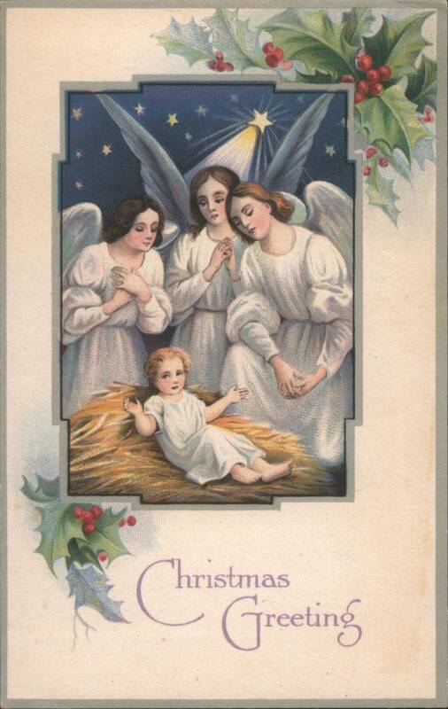 Christmas Greeting with Angels, Baby Jesus, and Star in Manger Scene