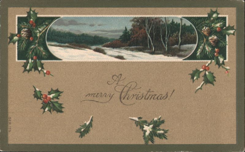 A merry Christmas! Winter Landscape with Holly & Berries