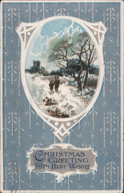 Christmas Greeting with Best Wishes, Winter Scene with Figures and Castle