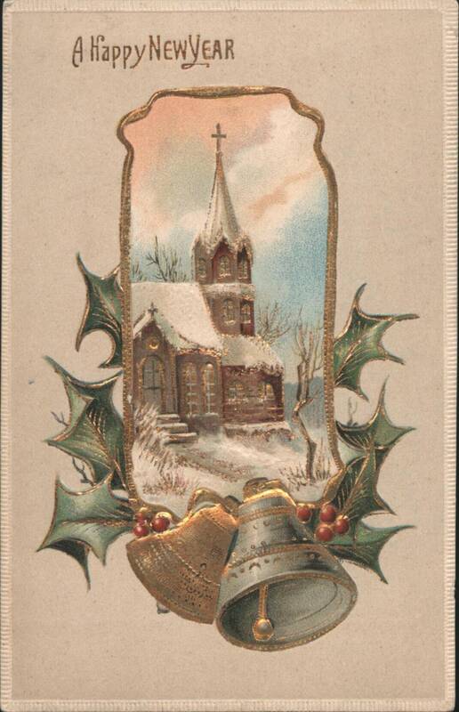 Snow-covered Church, Holly, Bells, Happy New Year Greeting