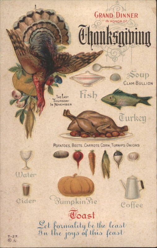 Thanksgiving Grand Dinner Menu with Turkey, Fish, Vegetables, Pumpkin Pie