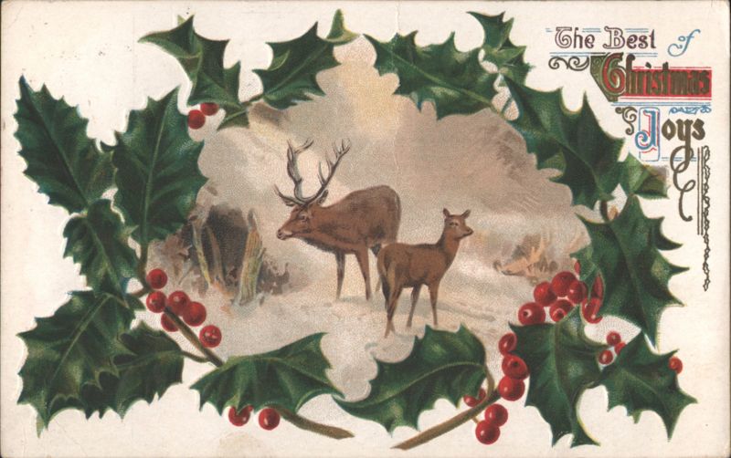Christmas Joys with Deer and Holly Wreath in Snowy Woods