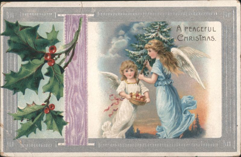 Angels and Christmas Tree with Holly, 'A Peaceful Christmas' Greeting