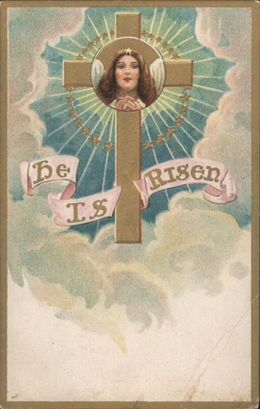 Easter He Is Risen Cross with Praying Woman Illustration