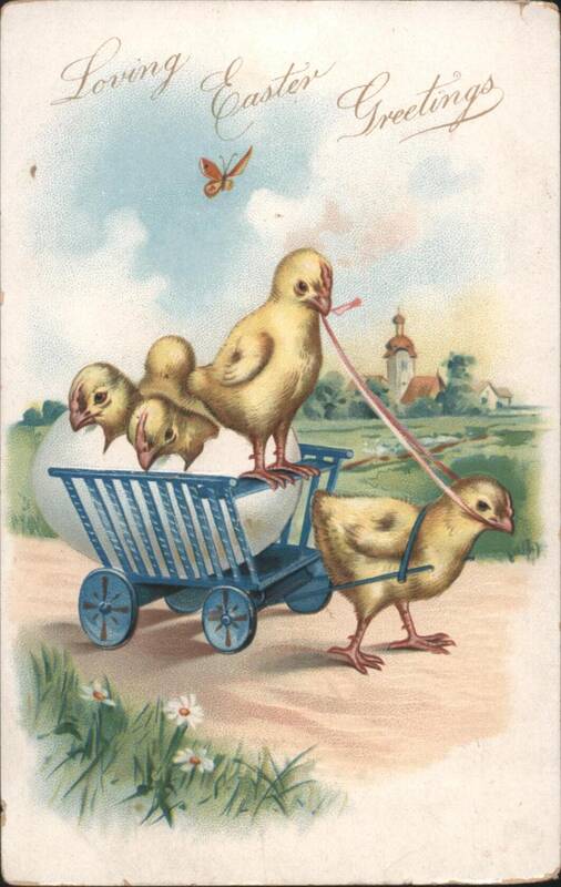 Loving Easter Greetings, Chicks Pulling Egg Cart with Village Scene