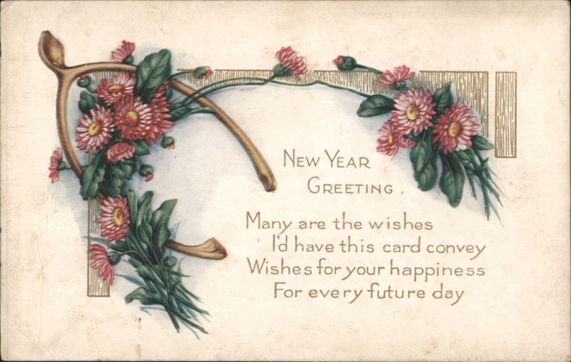 New Year Greeting with Wishbone and Flowers New Year's