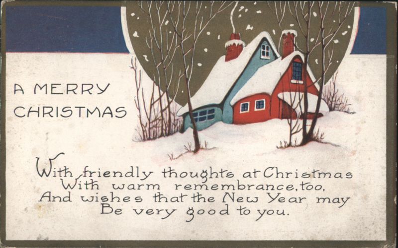 Snowy Winter Scene with Houses, Christmas and New Year Greeting