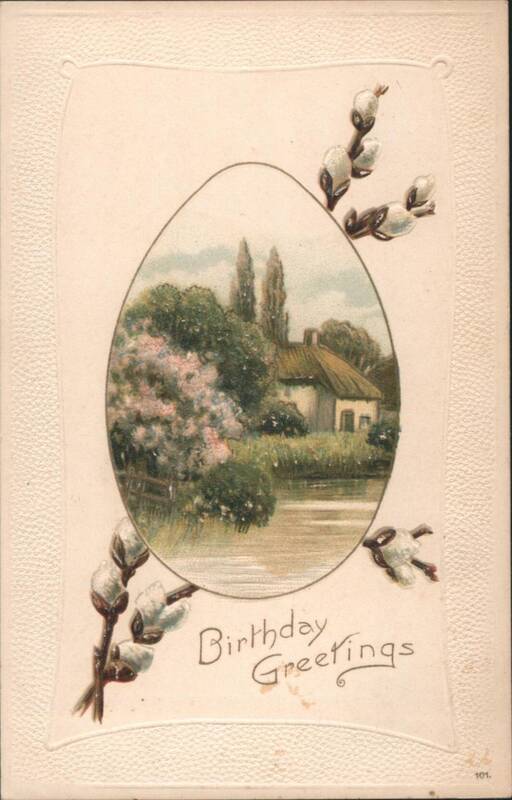 Birthday Greetings with Pussy Willows, Birds, and Rural Landscape