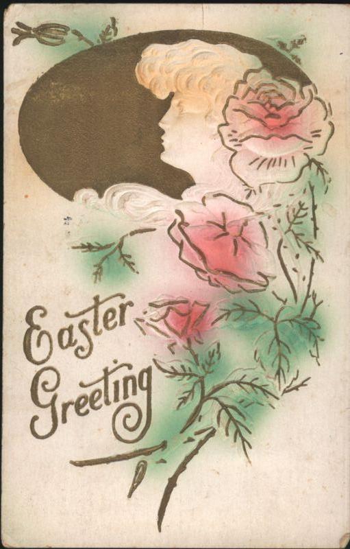 Easter Greeting Woman Silhouette with Roses Flowers
