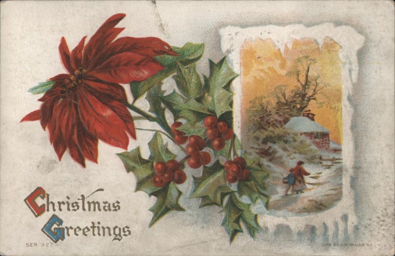 Christmas Greetings with Poinsettia, Holly, and Winter Landscape