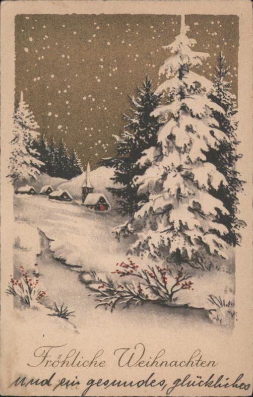 Snowy Christmas Village Scene with Evergreen Trees and German Greeting