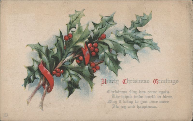 Hearty Christmas Greetings with Holly and Red Ribbon