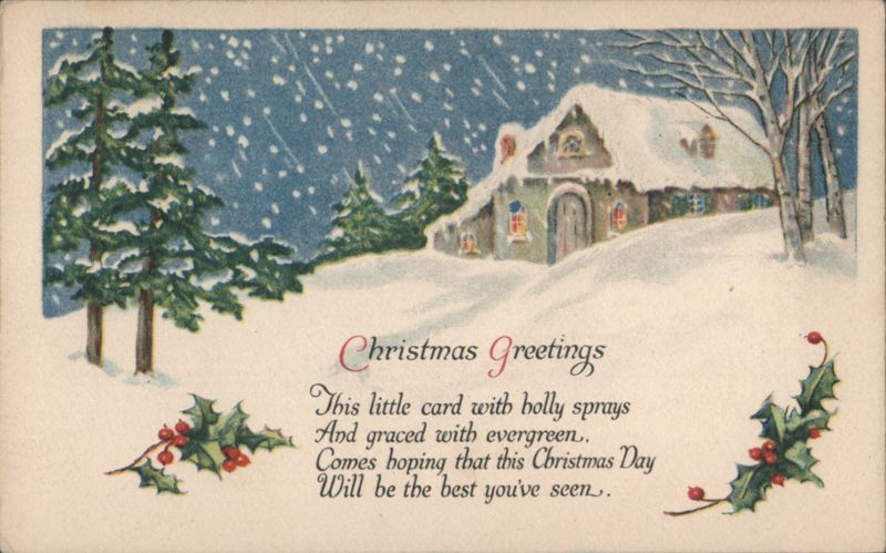 Snowy Christmas Greetings with House and Evergreen Trees