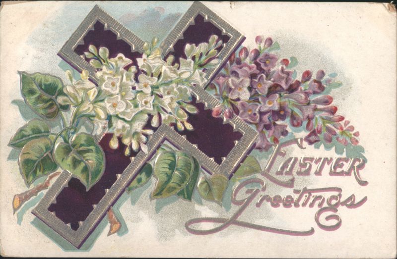 Decorative Cross with White and Purple Lilacs, Easter Greetings