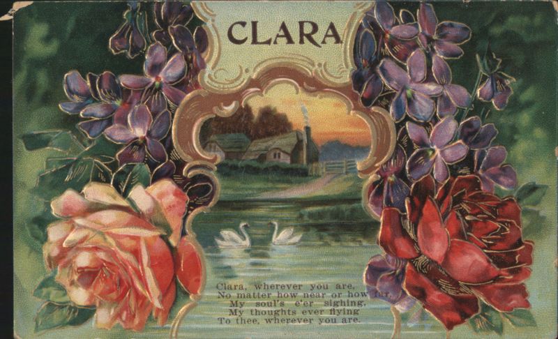 CLARA Name Card with Roses, Swans, and Romantic Poem
