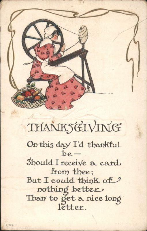 Thanksgiving Woman at Spinning Wheel with Poem Women