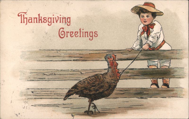Thanksgiving Greetings: Young Boy Leading Turkey on Leash