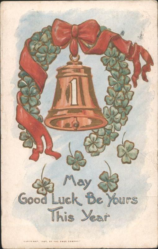 New Year's Bell with Shamrocks, Red Ribbon, and Good Luck Message