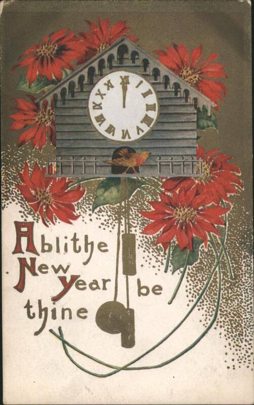 A Blithe New Year Be Thine Clock House with Poinsettias and Bird