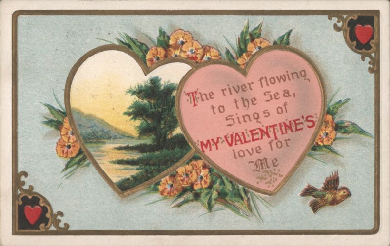 Valentine's Day Hearts with River Landscape and Love Poem