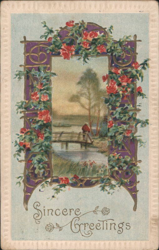Sincere Greetings, Man on Bridge, Floral Frame