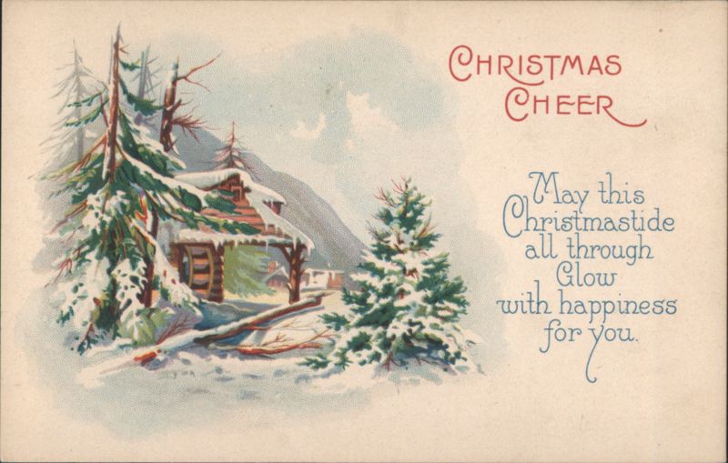 Christmas Cheer Snowy Log Cabin & Evergreen Trees, Holiday Greeting