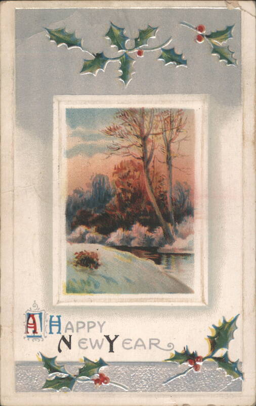 Happy New Year Winter Landscape with Holly and Berries