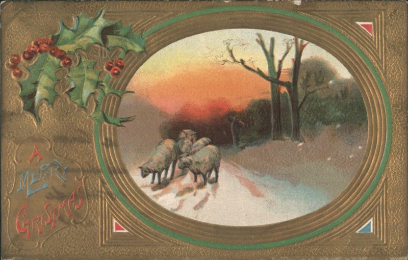 A Merry Christmas Greeting with Holly, Berries, and Sheep in Winter Landscape