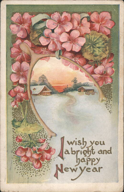 New Year's Wishbone with Winter Landscape and Pink Flowers