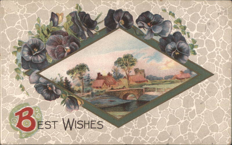 Pansies and Landscape with Bridge & Houses, B Best Wishes