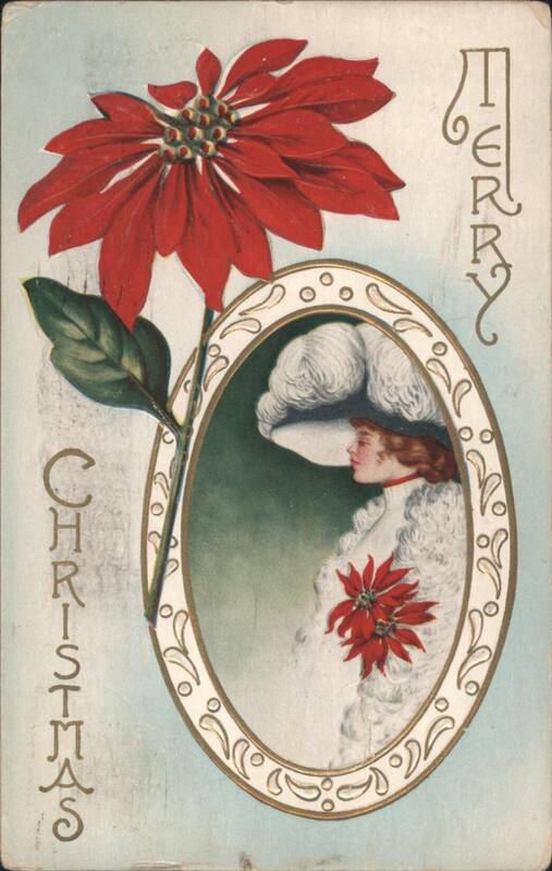 Merry Christmas Woman in Feathered Hat with Poinsettias