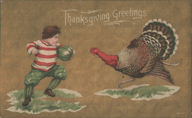 Thanksgiving Greetings Boy with Green Ball and Turkey