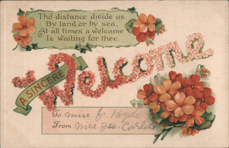 Welcome Greeting with Pink and Orange Flowers, Poem