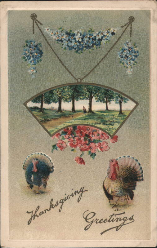 Thanksgiving Greetings with Turkeys and Autumn Landscape Vignette