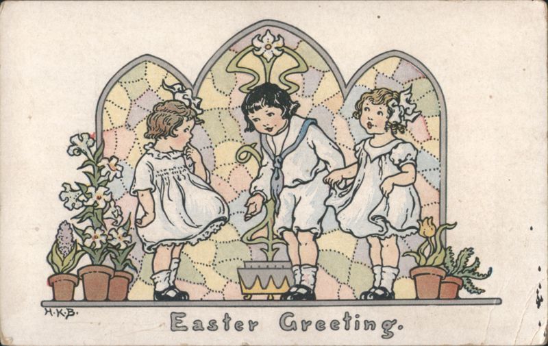 Children in Stained Glass Window with Flowers, Easter Greeting