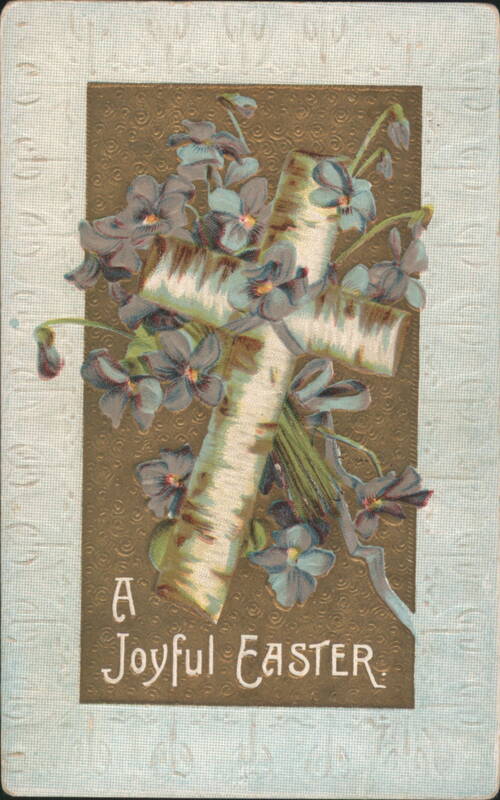 Birch Cross with Violets and Ribbon, A Joyful Easter Greeting