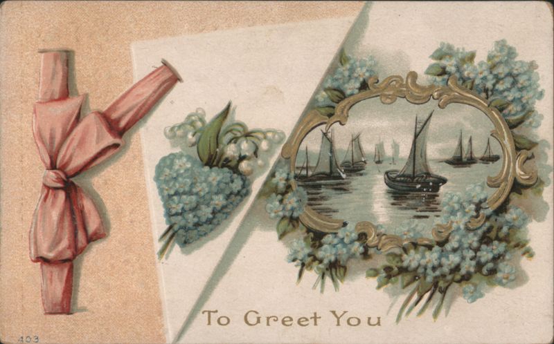 Greeting Card with Sailboats, Forget-Me-Nots, and Pink Ribbon