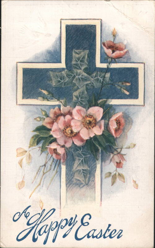 Blue Cross with Pink Flowers and 'A Happy Easter' Greeting