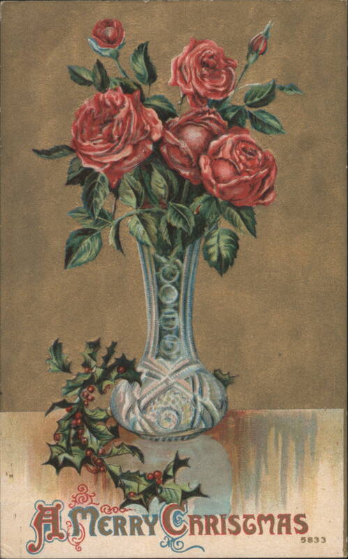 Red Roses in Vase with Holly, A Merry Christmas Greeting