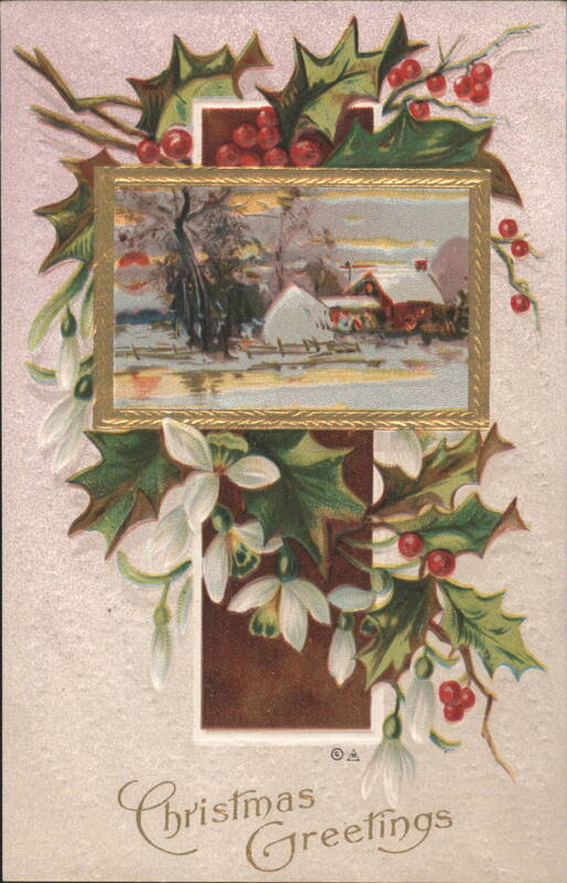 Christmas Greetings with Winter Village Scene, Holly, and Snowdrops