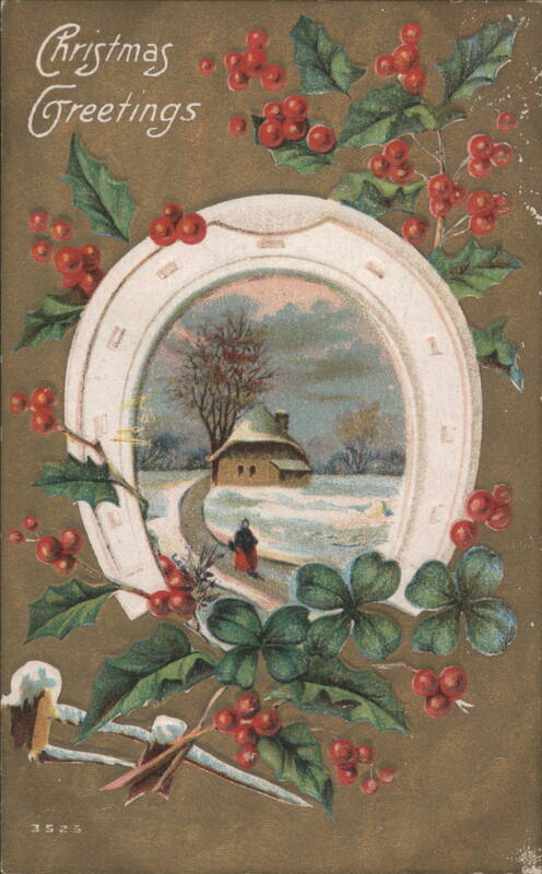 Christmas Greetings Horseshoe Winter Scene Holly Berries