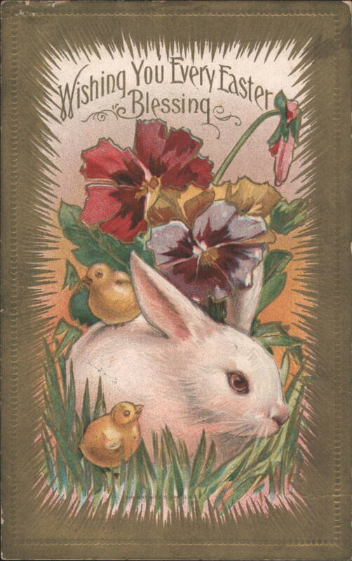 White Bunny, Chicks & Pansies, Easter Blessing Greeting