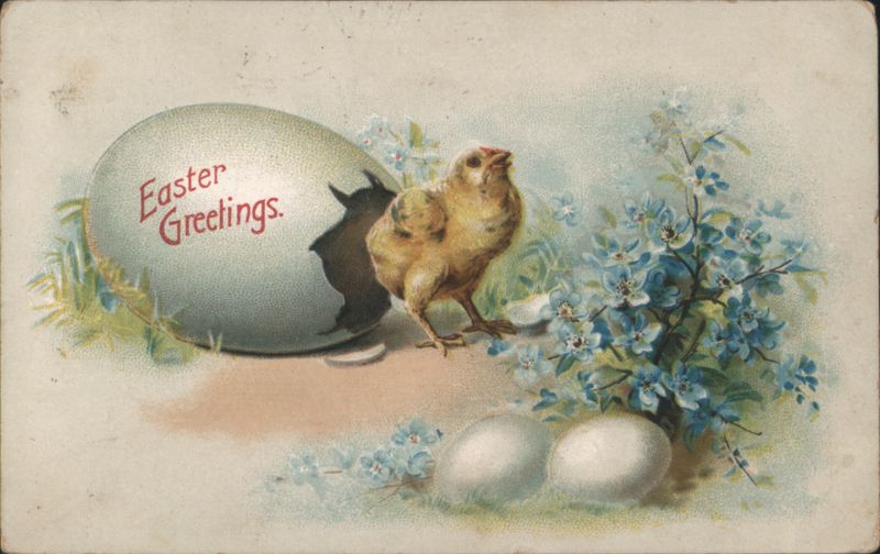 Easter Greetings with Chick Hatching from Egg, Surrounded by Blue Flowers