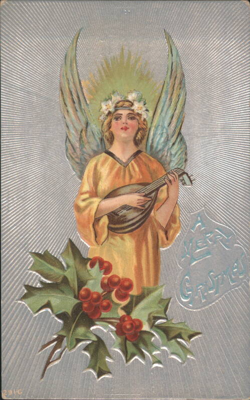 Angel with Mandolin and Holly, A Merry Christmas Greeting