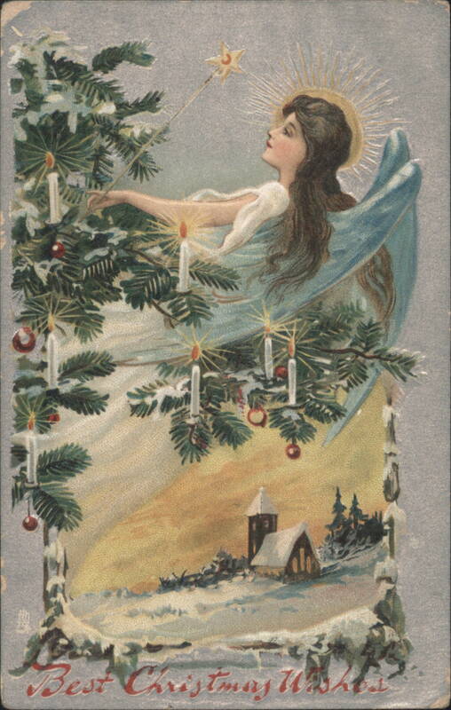 Angel Decorating Christmas Tree, Snowy Village, Best Christmas Wishes
