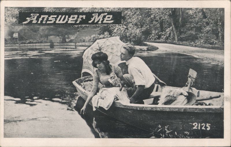Couple in Rowboat with Parasol, 'Answer Me' Message