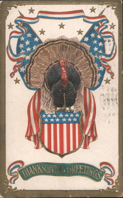 Patriotic Thanksgiving Greetings with Turkey and American Flags
