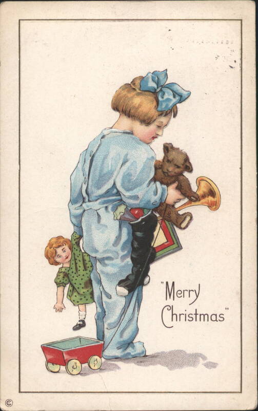 Merry Christmas Girl with Teddy Bear, Doll, and Toy Wagon