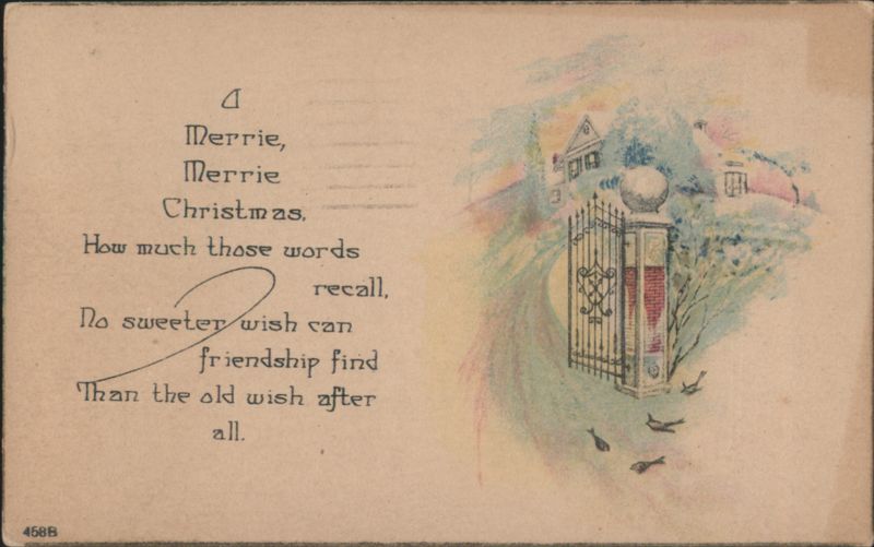 Merrie Christmas Poem with Illustrated House and Gate